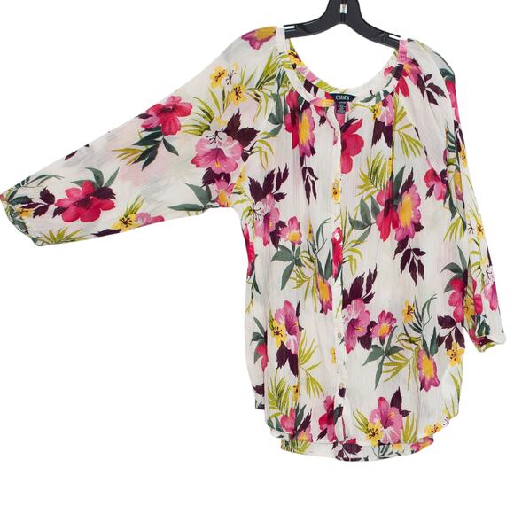 Chaps Top 3/4 Sleeve Floral Gauze Sheer Boho Cottage Beach Vacation Button XXL - Picture 6 of 6